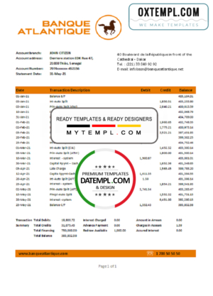 Senegal Banque Atlantique Bank statement easy to fill template in .xls and .pdf file format