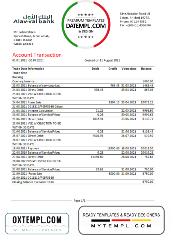 Saudi Arabia Alawwal Bank statement easy to fill template in .xls and .pdf file format