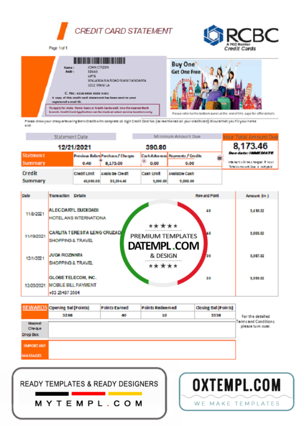 Philippines Rizal Commercial Banking Corporation (RCBC) credit card statement template in .xls and .pdf file format