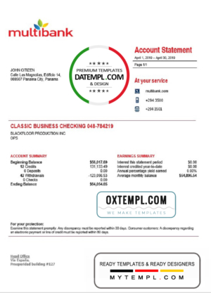 Panama Multibank proof of address bank statement template in Word and PDF format