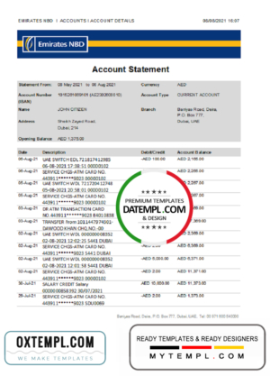 UAE Dubai Emirates NBD bank proof of address statement template in Word and PDF format
