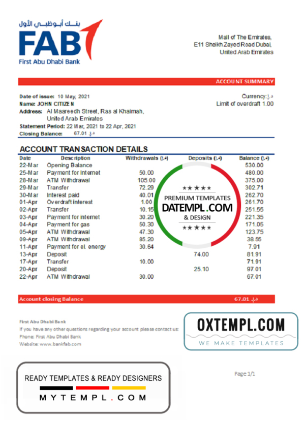 UAE First Abu Dhabi bank statement easy to fill template in Word and PDF format