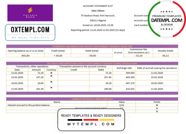 Nigeria Polaris Bank statement template in Word and PDF format