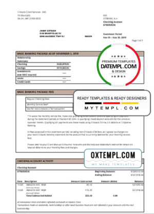USA City Bank statement template in Word and PDF format
