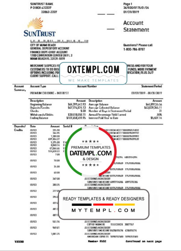 USA SunTrust bank proof of address statement template in Word and PDF format, .doc format