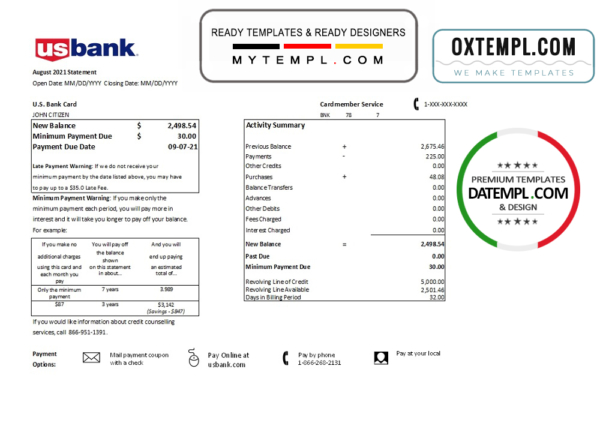 USA U.S. bank credit card statement template in .xls and .pdf file format