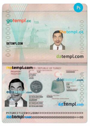 Turkey passport template in PSD format, fully editable (+editable PSD photo look) (2018 - present)
