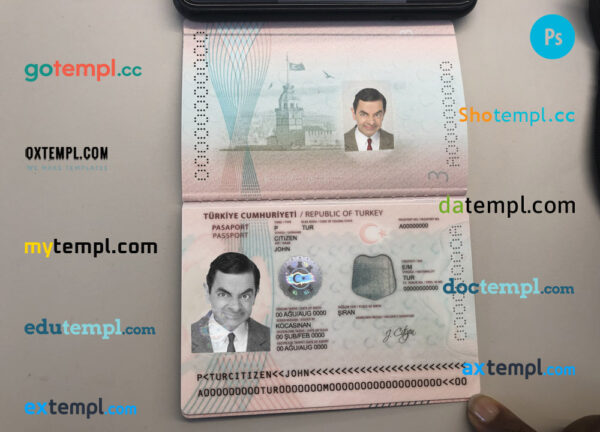 Turkey passport template in PSD format, fully editable (+editable PSD photo look) (2018 - present)