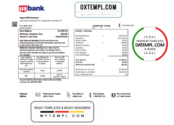 USA U.S. bank credit card statement template in .doc and .pdf format