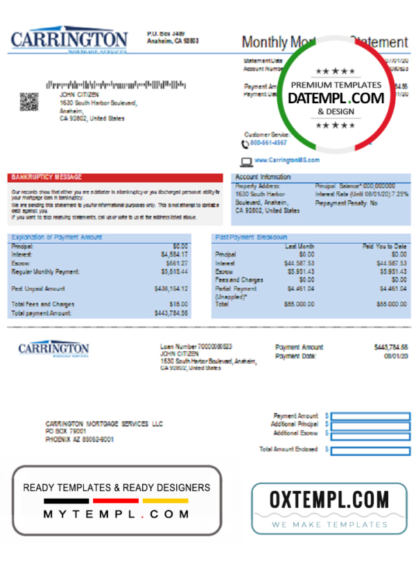 USA Carrington Mortgage Services bank statement template in Word and PDF format
