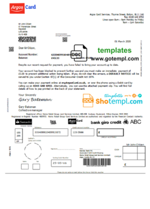 United Kingdom Argos Card bank payment reference proof of address template in Word and PDF format