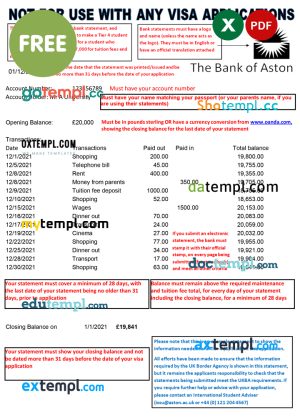 United Kingdom The Bank of Aston bank statement template in Excel and PDF format