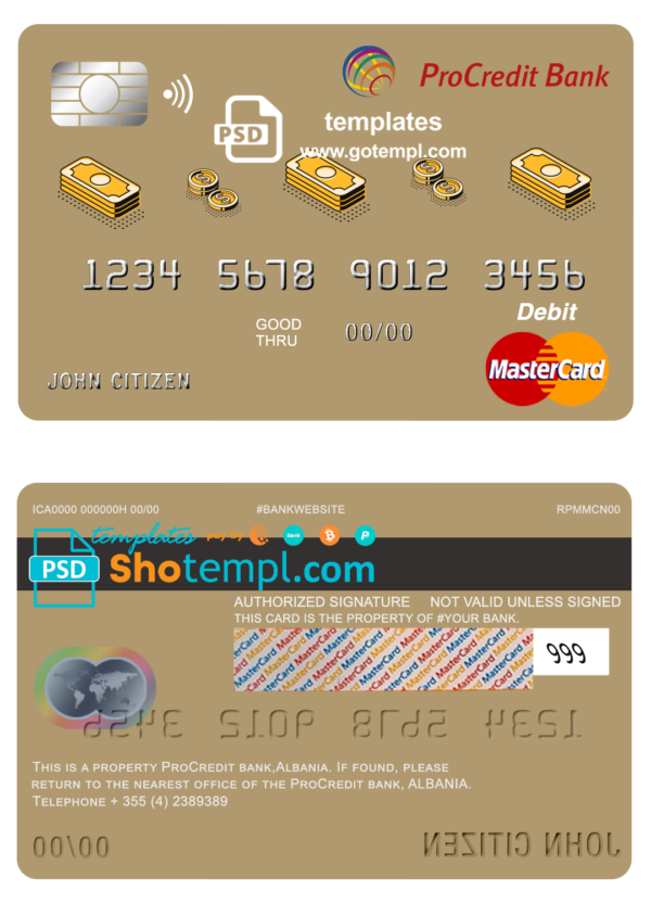 Albania ProCredit bank mastercard debit card template in PSD format, fully editable
