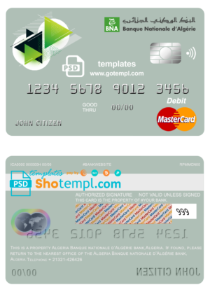 Algeria Banque nationale d’Algérie (BNA) bank mastercard debit card template in PSD format, fully editable