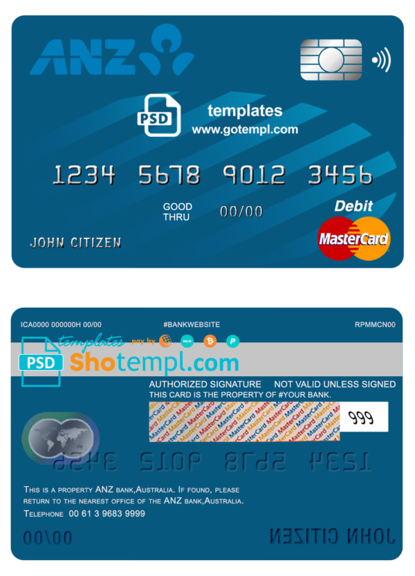 Australia ANZ bank mastercard debit card template in PSD format, fully editable