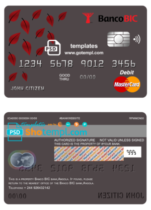 Angola Banco BIC bank mastercard debit card template in PSD format, fully editable