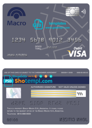 Argentina Banco Macro S.A. bank visa card debit card template in PSD format, fully editable