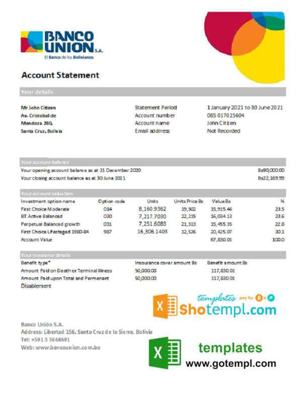 Bolivia Banco Union bank statement easy to fill template in Excel and PDF format (AutoSum)