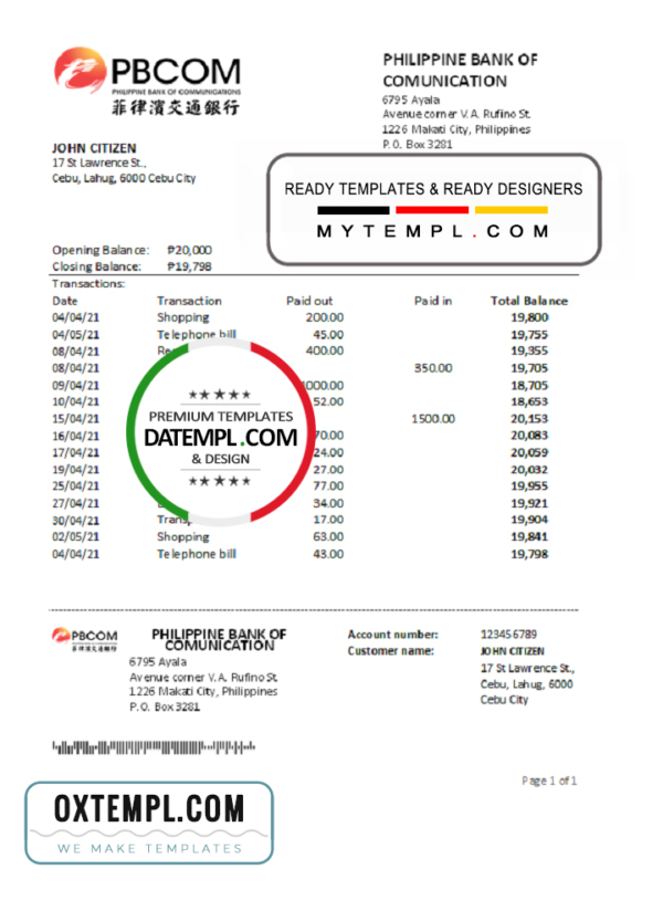 Philippines Bank of Communications bank statement easy to fill template in .xls and .pdf file format