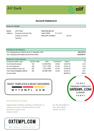 Tajikistan Alif Bank statement template in Excel and PDF format
