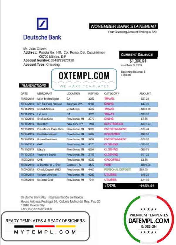 Mexico Deutsche bank statement template in Word and PDF format, good for address prove