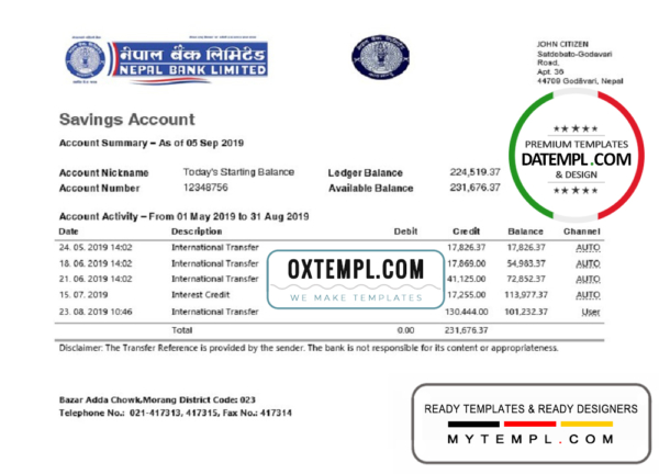 Nepal Bank Nepal statement template in Word and PDF format