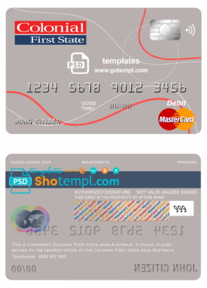Australia Colonial First State Bank mastercard debit card template in PSD format, fully editable