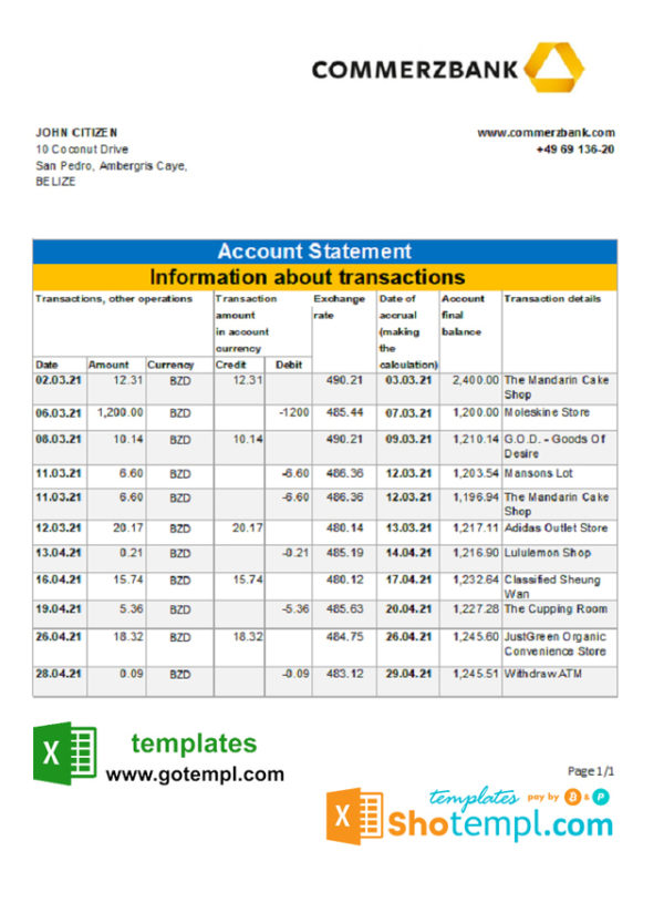 Belize Commerzbank bank statement easy to fill template in Excel and PDF format