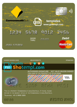 Australia Commonwealth Account Bank mastercard debit card template in PSD format, fully editable
