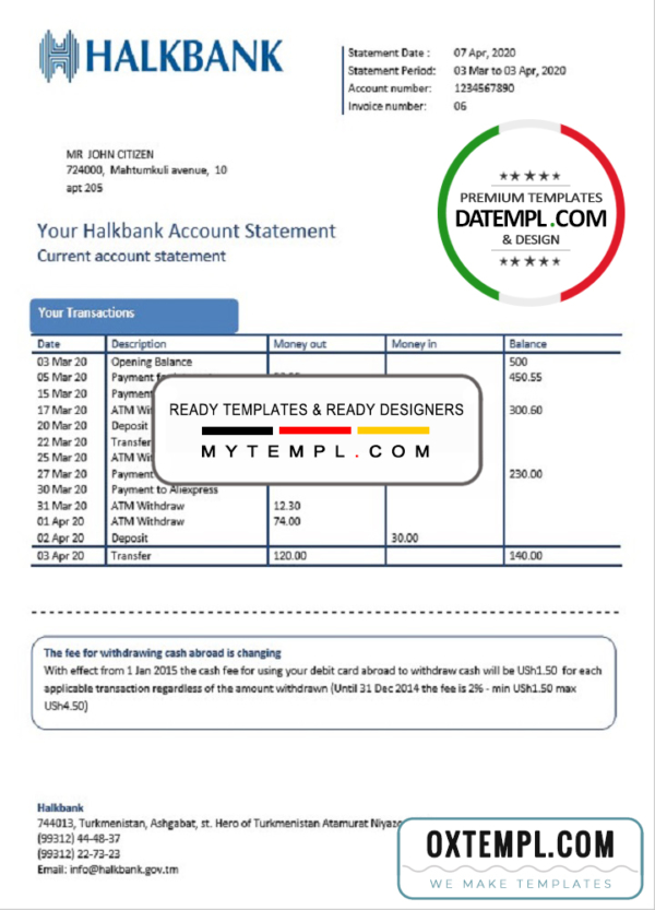 Turkmenistan Halkbank proof of address bank statement template in Word and PDF format, .doc and .pdf format