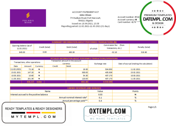 Nigeria Polaris Bank statement easy to fill template in Excel and PDF format