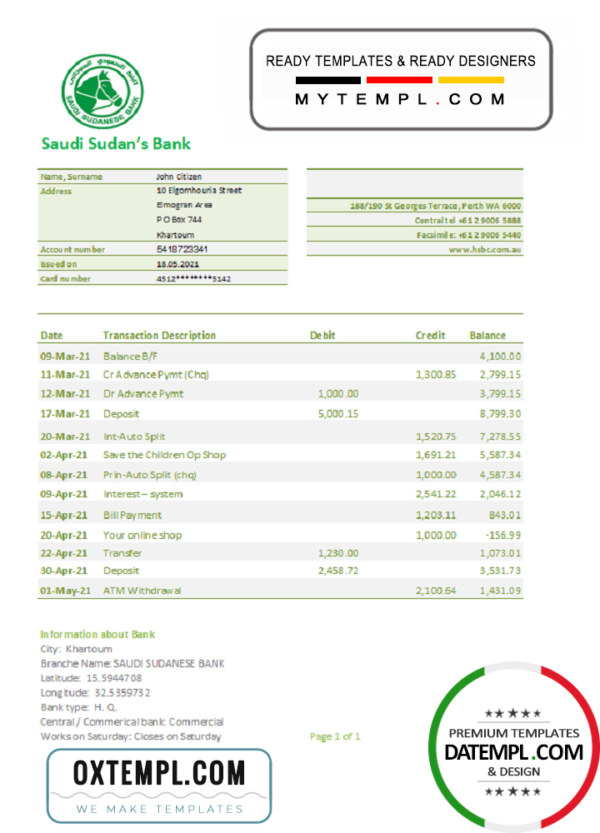 Sudan Saudi Sudanese Bank statement easy to fill template in .xls and .pdf file format