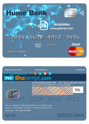 Australia Humebank bank mastercard debit card template in PSD format, fully editable