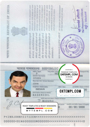 India passport template in PSD format, fully editable, with all fonts