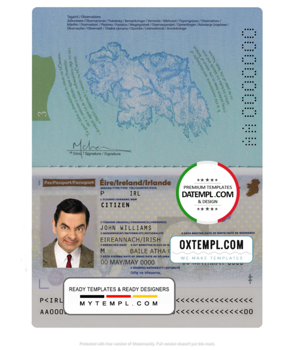 Ireland passport template in PSD format, fully editable, with all fonts