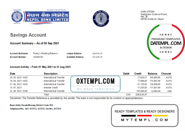 Nepal Bank Nepal bank statement easy to fill template in Excel and PDF format