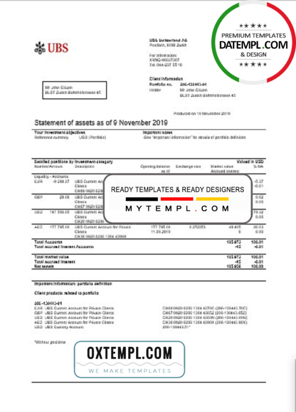 Switzerland UBS bank statement template in .xls and .pdf file format, Version 2