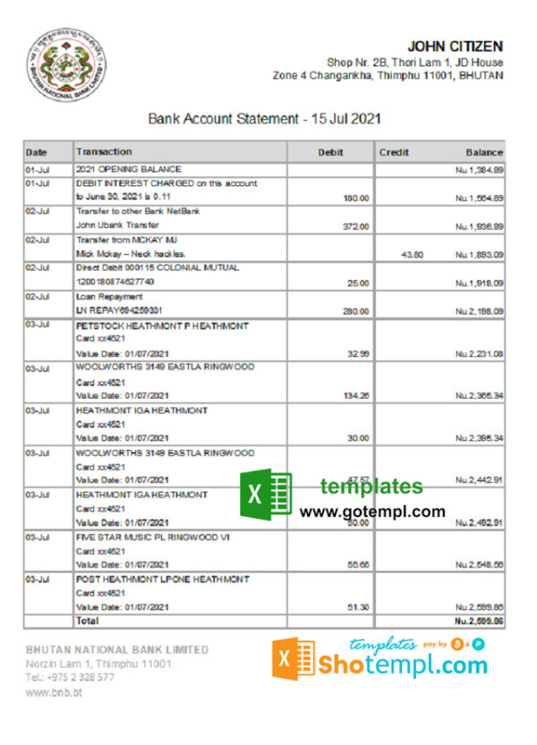 Bhutan National Bank statement easy to fill template in Excel and PDF format