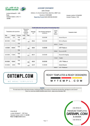 Tunisia Amen Bank statement easy to fill template in Word and PDF format