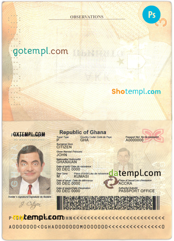 Ghana passport template in PSD format, fully editable, with all fonts
