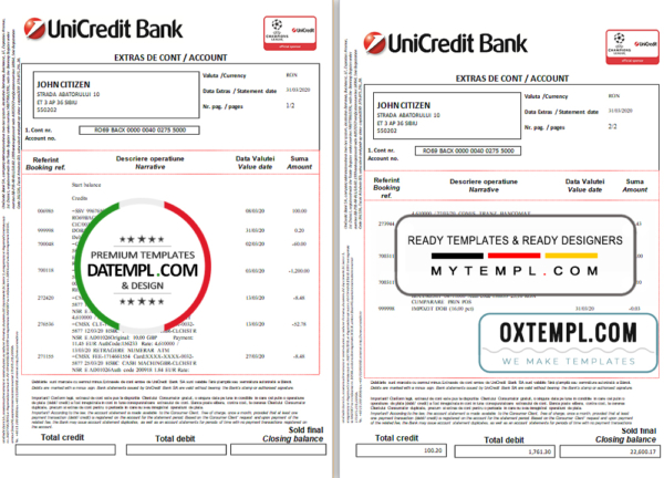 Romania UniCredit Bank statement template in Excel and PDF format (2 pages) in Romanian and English languages