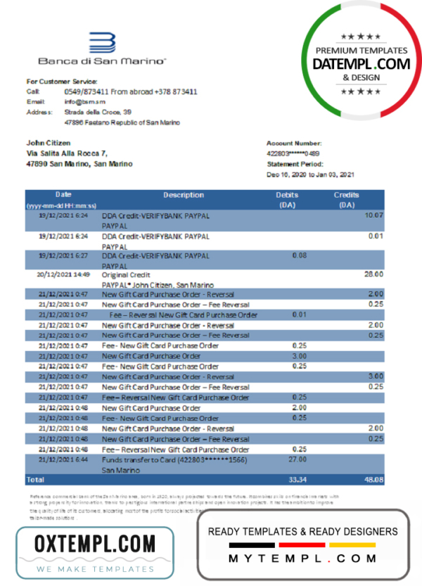San Marino Banca di San Marino bank statement easy to fill template in Excel and PDF format