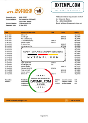 Senegal Banque Atlantique bank statement easy to fill template in Word and PDF format