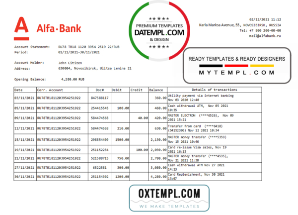 Russia Alfa bank statement easy to fill template in .xls and .pdf file format