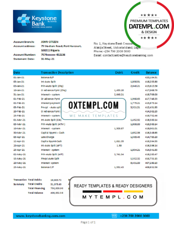 Nigeria Keystone Bank statement easy to fill template in .xls and .pdf file format