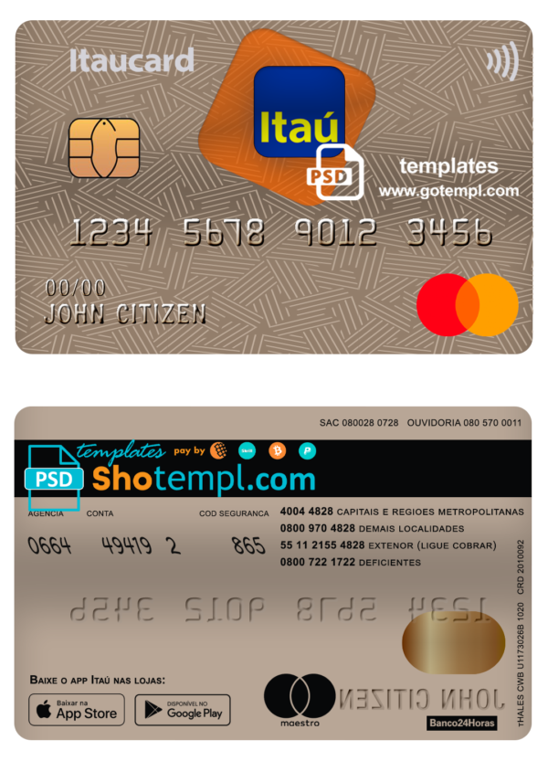 Brazil Itaú bank mastercard debit card template in PSD format, fully editable