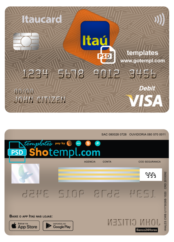 Brazil Itaú bank visa card debit card template in PSD format, fully editable