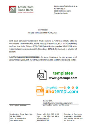 Netherlands Amsterdam Trade Bank certificate template in Word and PDF format