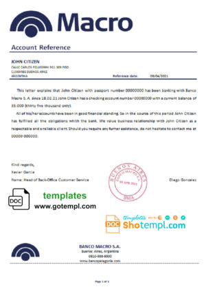 Argentina Banco Macro bank reference letter template in .doc and .pdf format