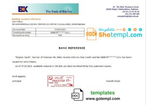 Pakistan Khyber bank account reference letter template in Word and PDF format